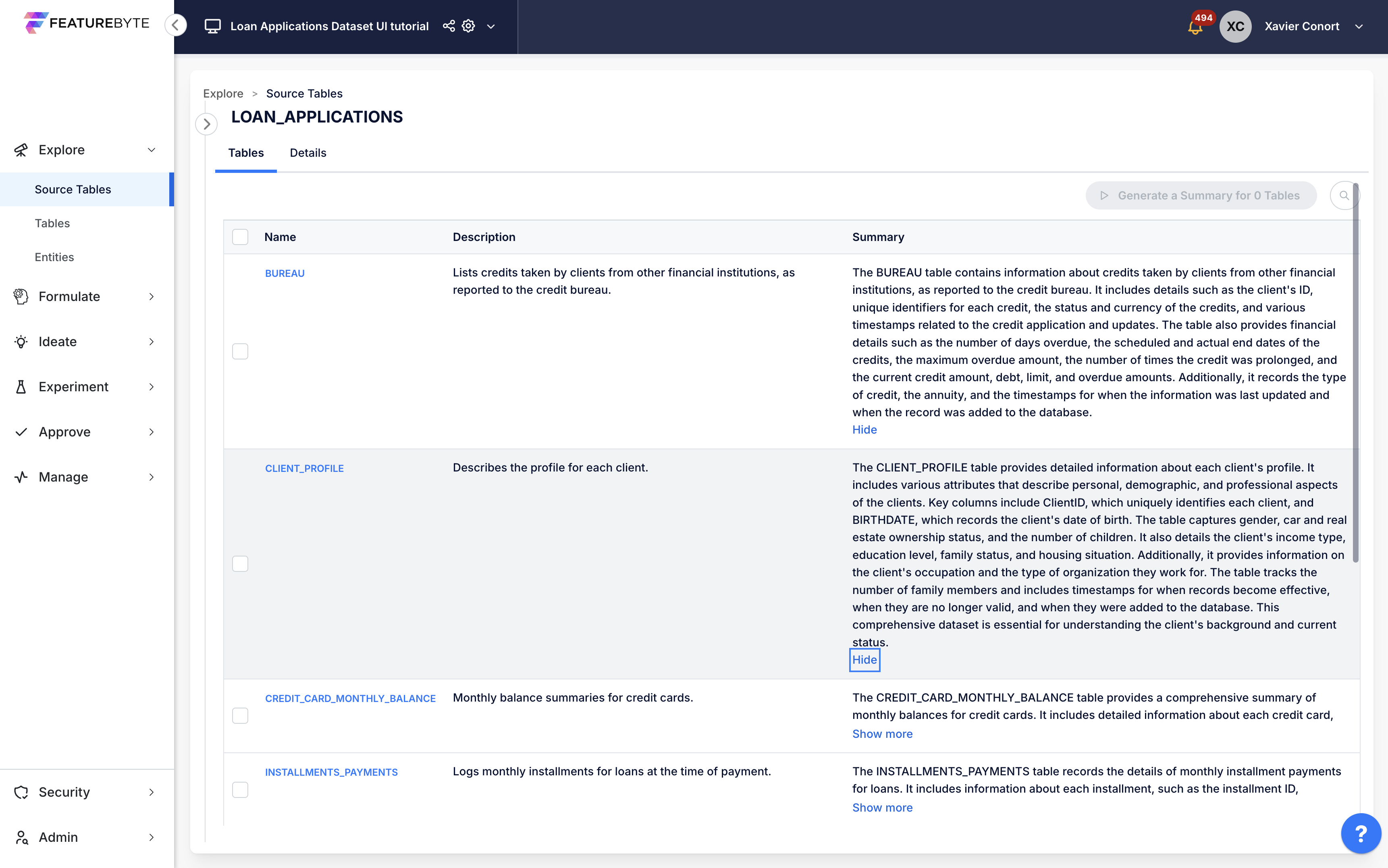 Table summaries