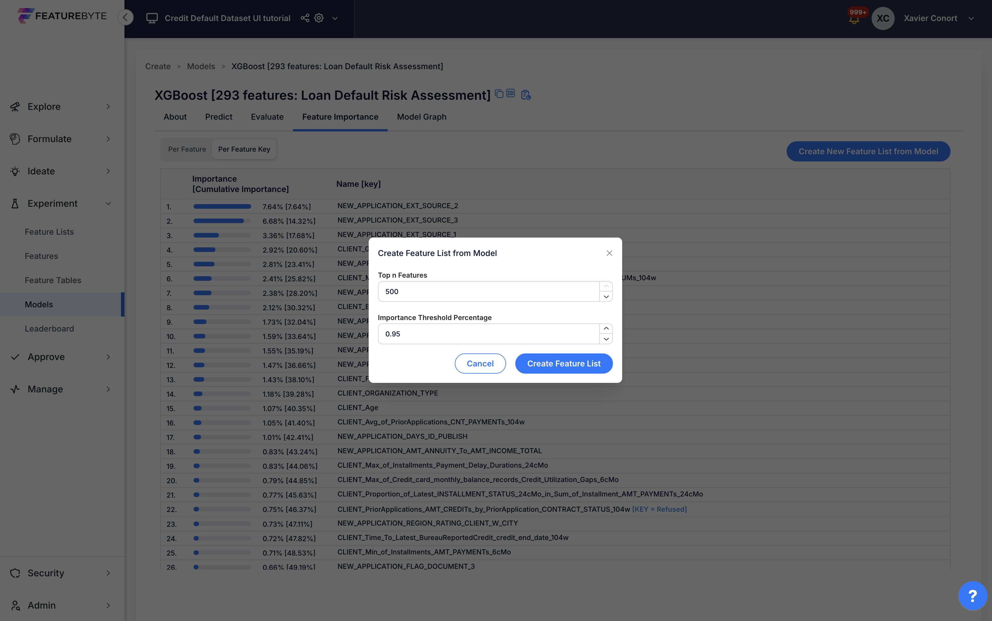 Feature list from model