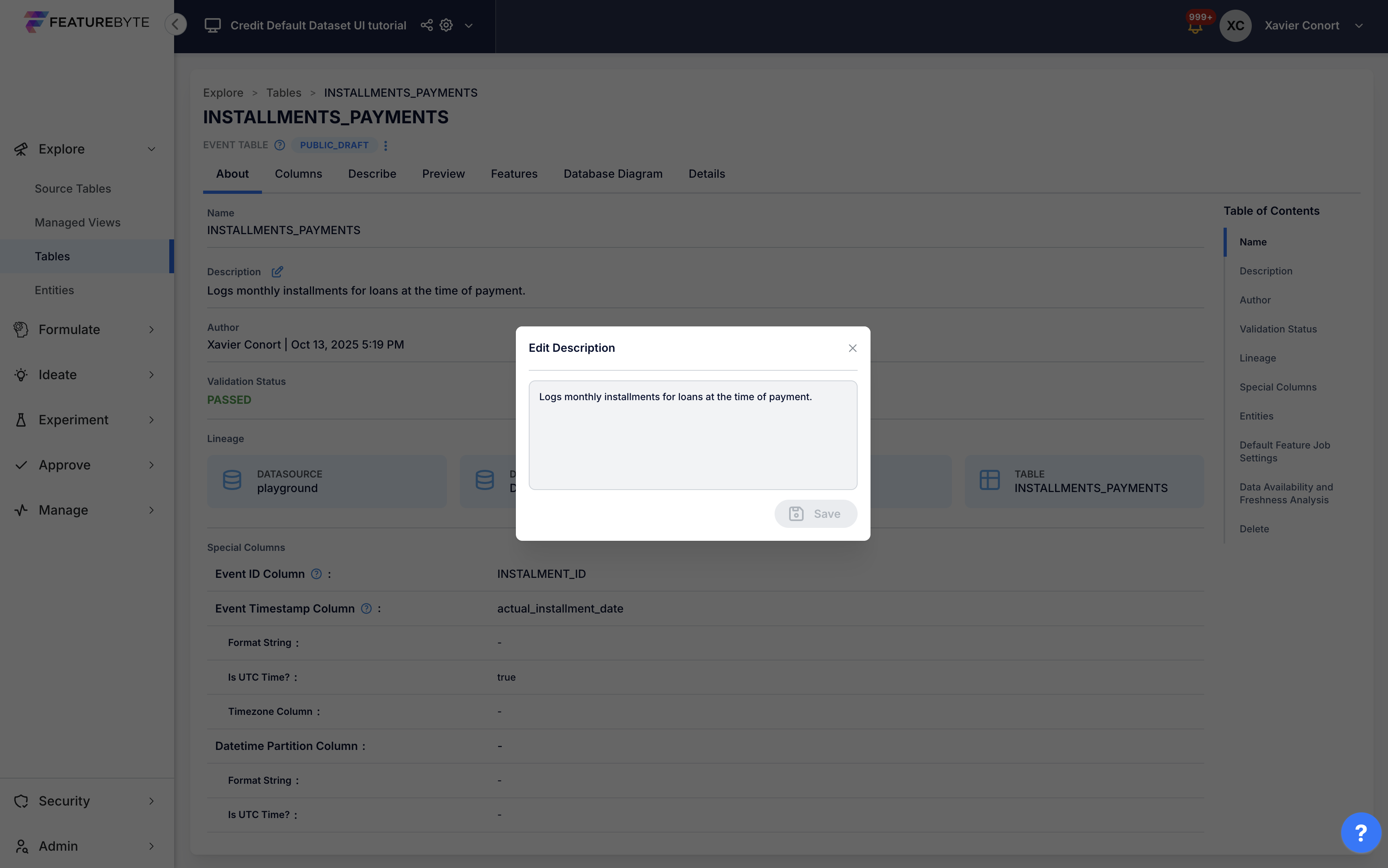 Table Description Edit