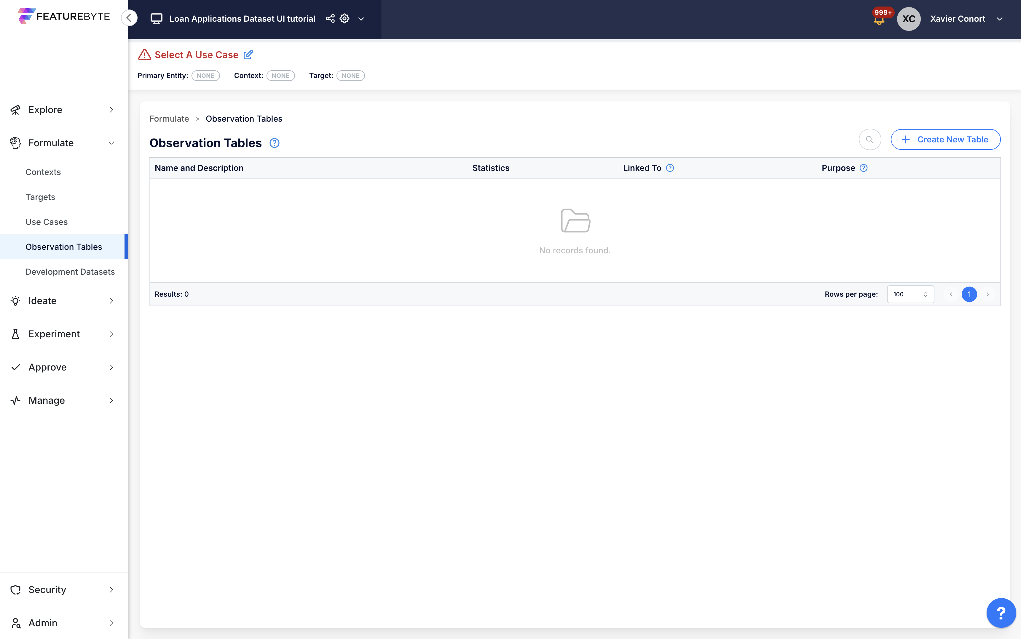 Empty Observation Table Catalog